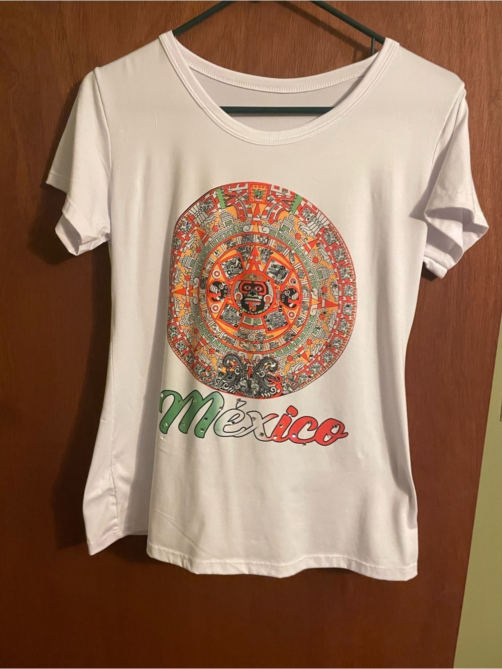 White Mexico Graphic Tee with Colorful Aztec Medallion. Mexico!!